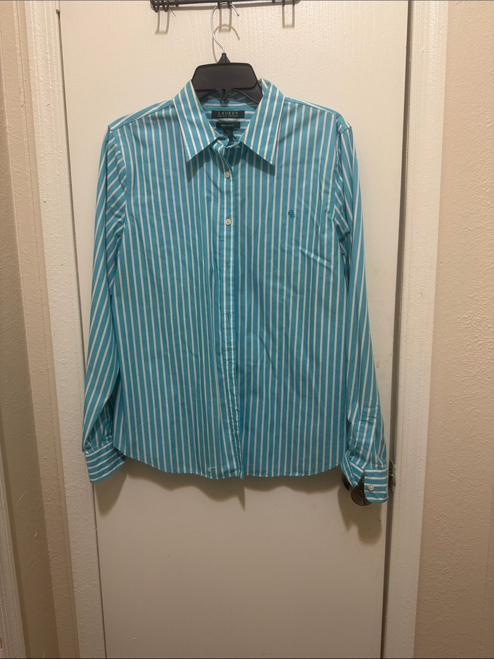 Lauren Ralph Lauren Teal and White Striped Button-Down Shirt